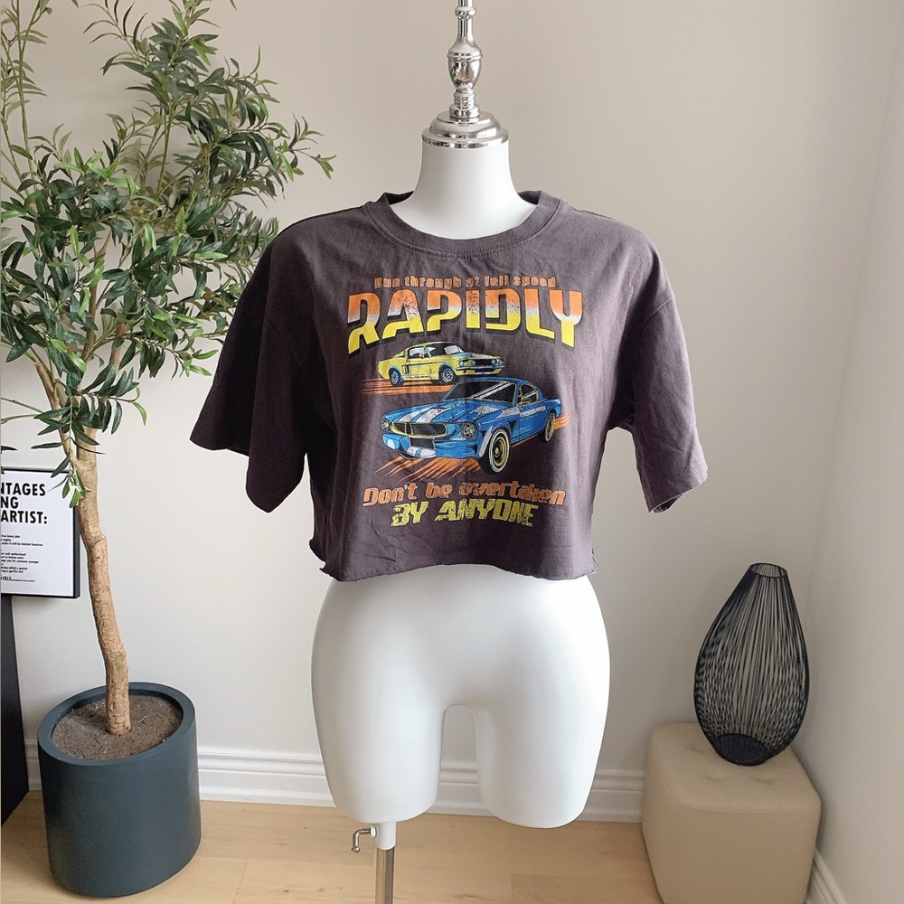 WEGO Cropped Graphic Car Print T-Shirt Grey Streetwear S